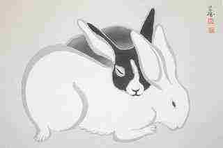 rabbits done with sumi e ink common in Japanese & Buddhism art